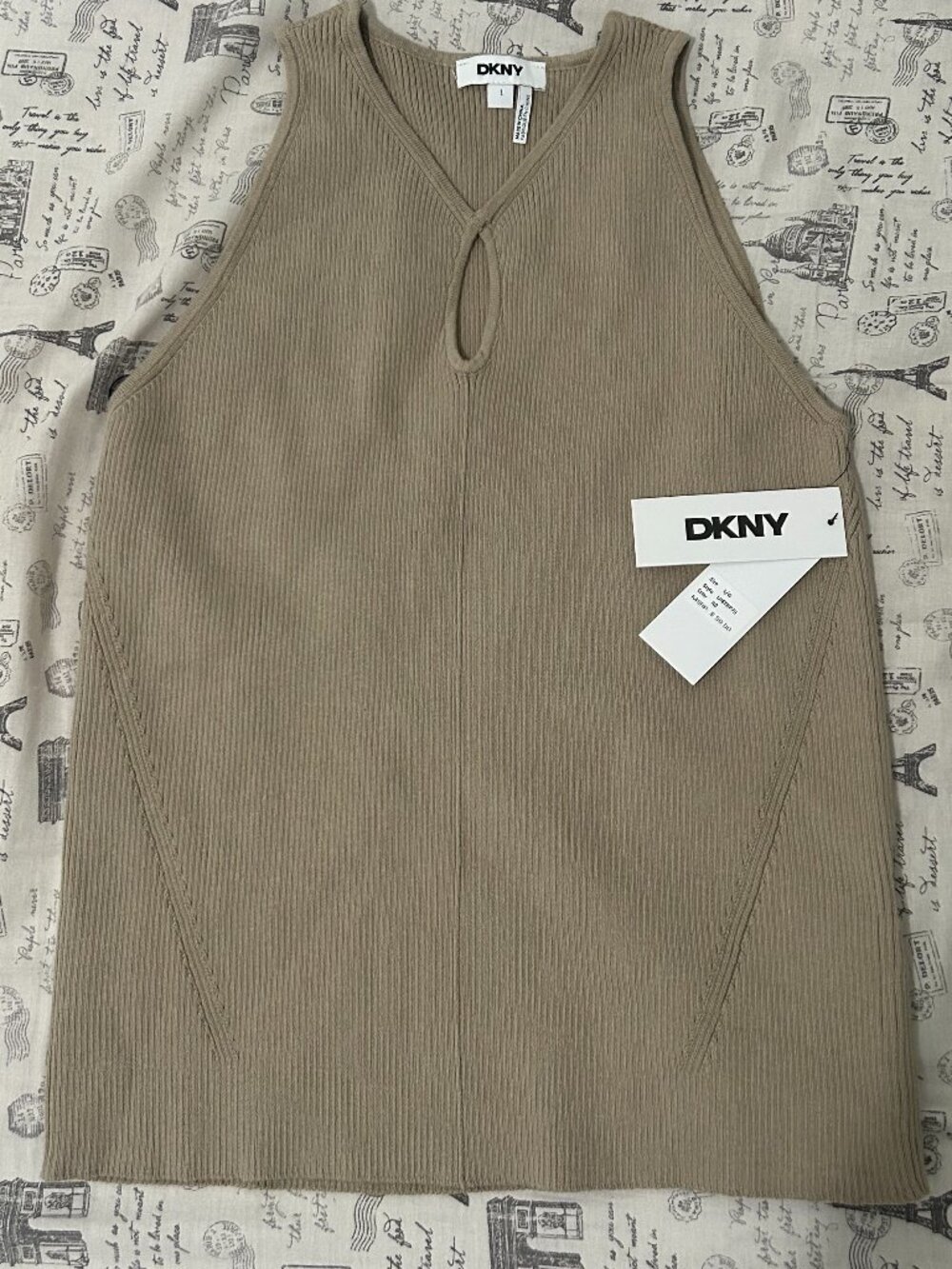 DKNY Keyhole Halter Tank Top Ribbed Knit Beige Taupe Sleeveless Large NWT